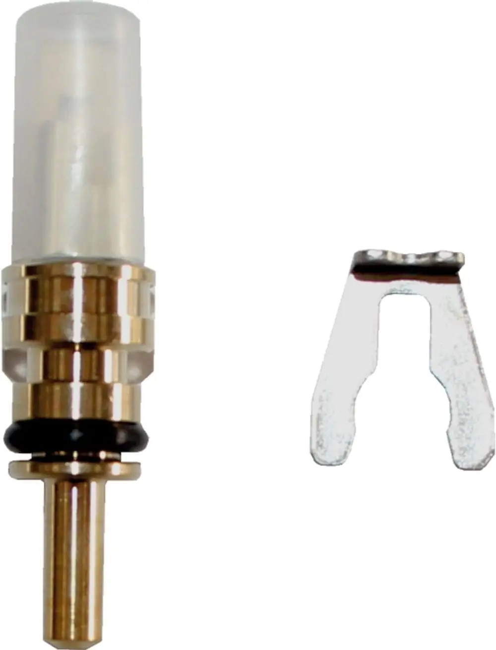 Warmwassersensor von Wolf mit transparenter Kunststoffabdeckung und metallischem Anschluss, neben zugehörigem Halteclip.